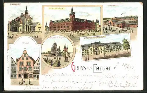 Lithographie Erfurt, Hohe-Lilie, Bahnhof und Rathaus