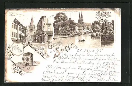 Lithographie Soest i. / W., Rathausstrasse mit Dom, Grosser Teich, Wiesenkirche
