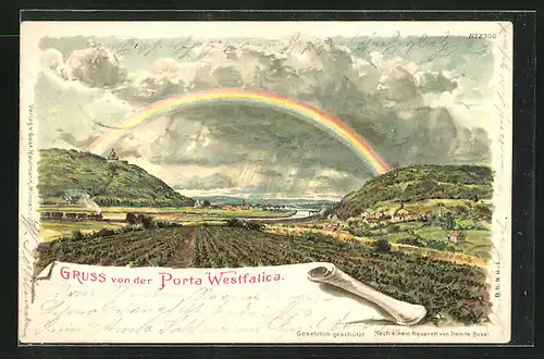 Lithographie Porta Westfalica, Regenbogen über der Stadt
