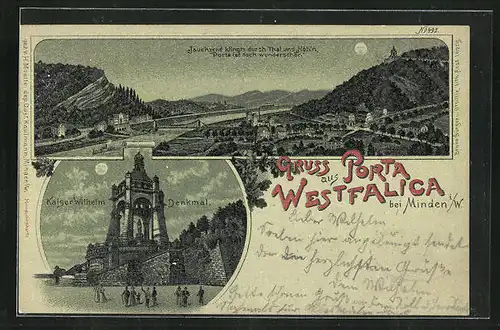 Mondschein-Lithographie Porta Westfalica, Kaiser Wilhelm Denkmal, Gesamtansicht im Mondlicht
