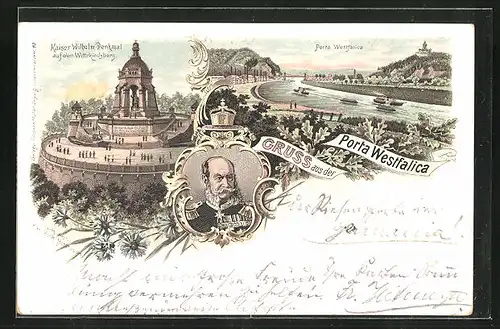 Lithographie Porta Westfalica, Kaiser-Wilhelm-Denkmal auf dem Wittekindsberg, Flusspartie