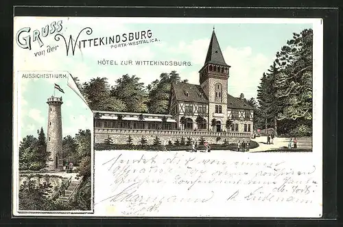 Lithographie Porta Westfalica, Hôtel zur Wittekindsburg, Aussichtsturm