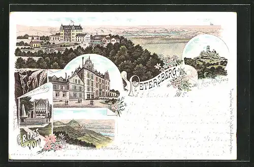 Vorläufer-Lithographie Petersberg a. / Rh., 1895, Ruine Godesberg, Chorruine Heisterbach