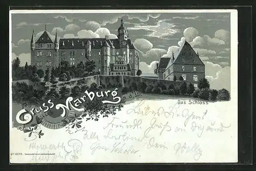 Mondschein-Lithographie Marburg, Das Schloss im leuchtenden Mondschein