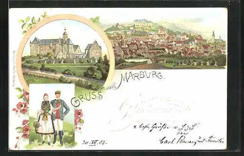 Lithographie Marburg, Gesamtansicht, Das Schloss
