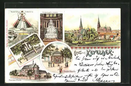 Lithographie Kevelaer, Gnadenkapelle / Inneres, Klarissen-Kloster, Kreuz-Baum