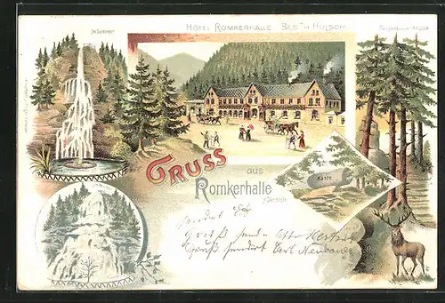 Lithographie Romkerhalle, Käste, Hotel Romkerhalle, Wasserfall