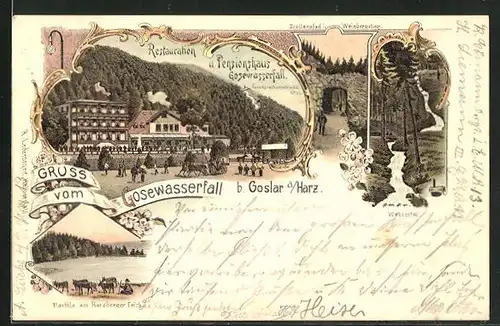 Lithographie Goslar, Restaurant und Pensionshaus Gosewasserfall, Herzberger Teich