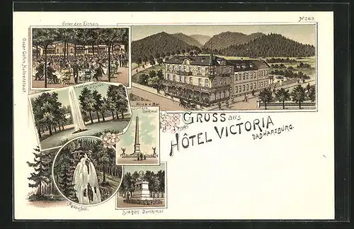 Lithographie Bad Harzburg, Hotel Victoria, Bismarck Denkmal, Unter den Eichen