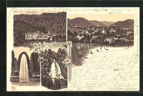 Lithographie Harzburg, Hotel Harzburger-Hof, Der Radaufall, Fontaine unter den Eichen