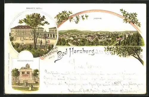 Lithographie Bad Harzburg, Bahnhofs-Hotel, Kriegerdenkmal, Gesamtansicht