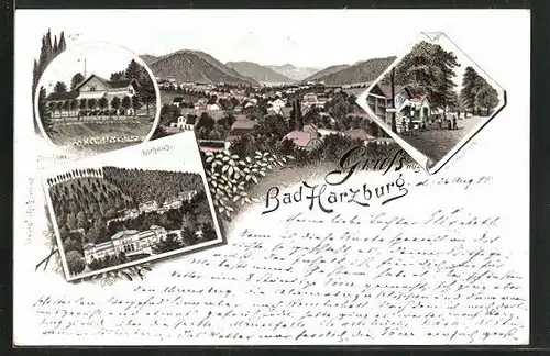 Vorläufer-Lithographie Bad Harzburg, 1894, Kurhaus, Gasthaus Sennhütte, Unter den Eichen