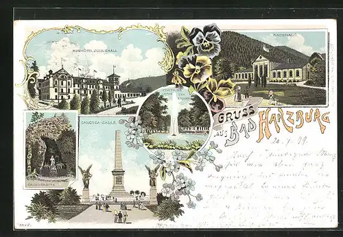 Lithographie Bad Harzburg, Kurhotel Juliushall, Canossa-Säule, Badehaus