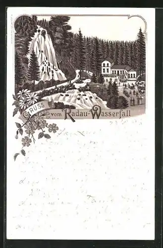 Lithographie Harzburg, Radau-Wasserfall mit Hotel