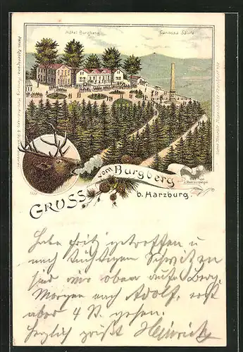 Vorläufer-Lithographie Harzburg, 1895, Hotel Burgberg mit Canossa Säule