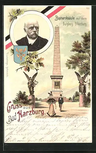 Lithographie Harzburg, Bismarcksäule auf dem Burgberg