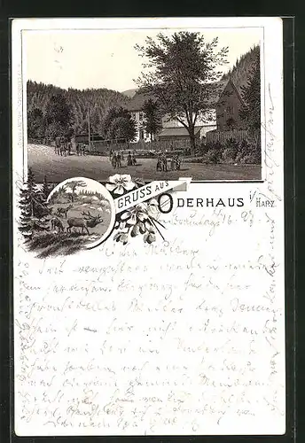 Lithographie Oderhaus i. / Harz, Strassenpartie mit Gebäudeansicht