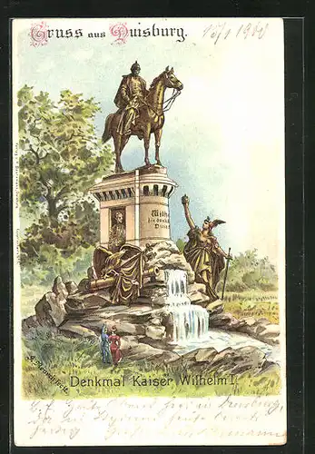 Lithographie Duisburg, Denkmal Kaiser Wilhelm 1.