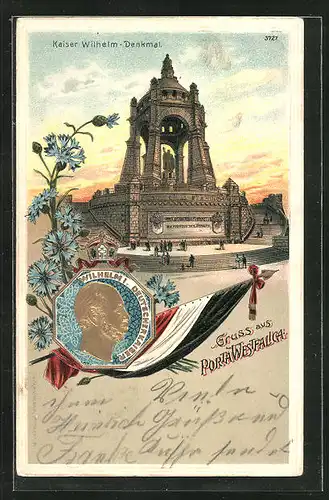 Präge-Lithographie Porta Westfalica, Kaiser Wilhelm Denkmal