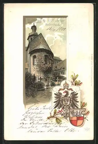 Passepartout-Lithographie Hildesheim, 1000 jähriger Rosenstock mit Wappen