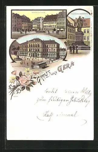 Lithographie Gera, Marktplatz, Gymnasium, Posthumsdenkmal
