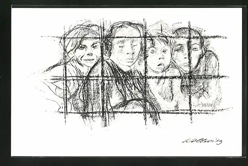 Künstler-AK Käthe Kollwitz: Hinter Gittern