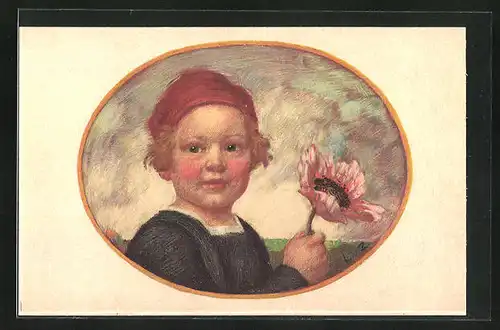 Künstler-AK Ludwig von Zumbusch: Kind mit Blume, Bayerischer Blumentag 1913