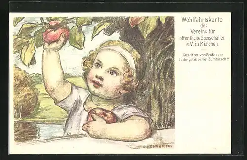 Künstler-AK Ludwig von Zumbusch: München, Verein für öffentliche Speisehallen e. V., Kind pflückt Äpfel