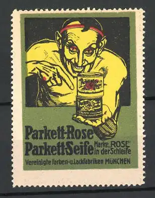 Reklamemarke Parkett-Rose & Parkett-Seife, Vereinigte Farben- und Lackfabriken München, Teufel zeigt eine Dose