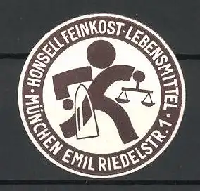 Präge-Reklamemarke Honsell Feinkost-Lebensmittel, München, Emil-Riedel-Str. 1, Firmenlogo