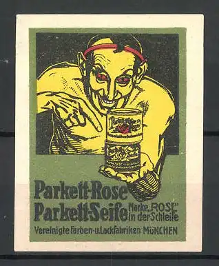 Reklamemarke Parkett-Rose & Parkett-Seife, Vereinigte Farben- und Lackfabriken München, Teufel zeigt eine Dose