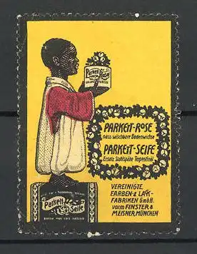 Reklamemarke Parkett-Rose & Parkett-Seife, Vereinigte Farben- und Lackfabriken München, afrikanischer Bube mit Dose