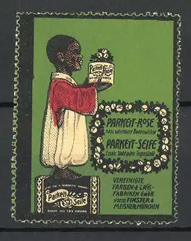 Reklamemarke Parkett-Rose & Parkett-Seife, Vereinigte Farben- und Lackfabriken München, afrikanischer Bube mit Dose