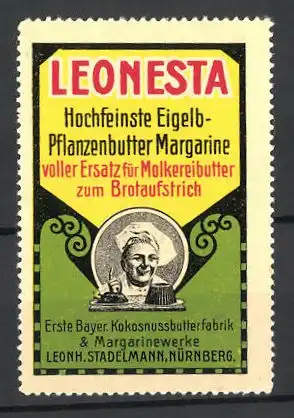 Reklamemarke Leonestra hochfeinste Pflanzenbutter-Margarine, Leonh. Stadelmann, Nürnberg, Bäcker mit Kuchen