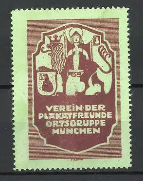 Reklamemarke Verein der Plakatfreunde, Ortsgruppe München, Münchner Kind und Wappen