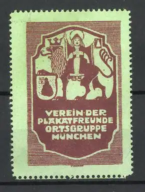 Reklamemarke Verein der Plakatfreunde, Ortsgruppe München, Münchner Kind und Wappen