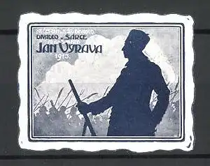 Reklamemarke Divadlo Sarce, Jan Vyrava 1913, Soldat mit Heer, Theaterstück