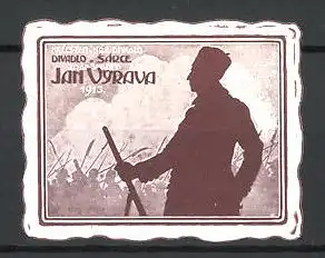 Reklamemarke Divadlo Sarce, Jan Vyrava 1913, Soldat mit Heer, Theaterstück