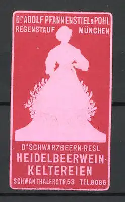 Präge-Reklamemarke Dr. Schwarzbeern-Resl Heidelbeerwein-Keltereien, Dr. Adolf Pfannenstiel & Pohl, München, rot