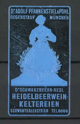 Präge-Reklamemarke Dr. Schwarzbeern-Resl Heidelbeerwein-Keltereien, Dr. Adolf Pfannenstiel & Pohl, München