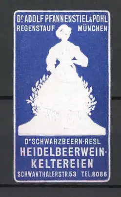 Präge-Reklamemarke Dr. Schwarzbeern-Resl Heidelbeerwein-Keltereien, Dr. Adolf Pfannenstiel & Pohl, München, blau
