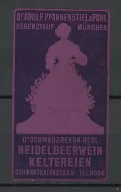 Präge-Reklamemarke Dr. Schwarzbeern-Resl Heidelbeerwein-Keltereien, Dr. Adolf Pfannenstiel & Pohl, München, violett