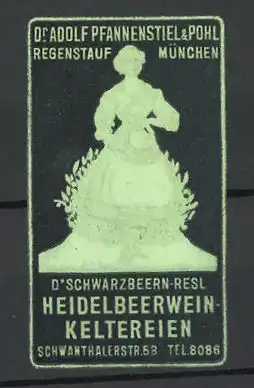 Präge-Reklamemarke Dr. Schwarzbeern-Resl Heidelbeerwein-Keltereien, Dr. Adolf Pfannenstiel & Pohl, München