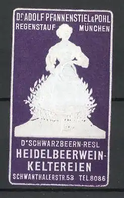 Präge-Reklamemarke Dr. Schwarzbeern-Resl Heidelbeerwein-Keltereien, Dr. Adolf Pfannenstiel & Pohl, München, violett