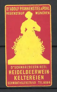 Präge-Reklamemarke Dr. Schwarzbeern-Resl Heidelbeerwein-Keltereien, Dr. Adolf Pfannenstiel & Pohl, München, rot