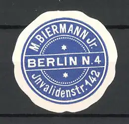 Präge-Reklamemarke M. Biermann Jr., Invalidenstr. 142, Berlin