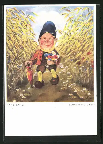 Künstler-AK sign. Hans Lang: Sommerseligkeit, Fröhlicher Zwerg durchwandert Kornfeld