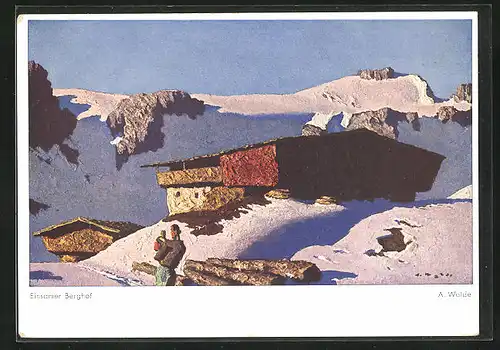 Künstler-AK sign. A. Walde: Ein einsamer Berghof im Winter