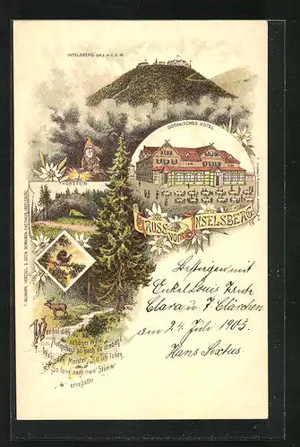 Lithographie Inselsberg, Gothaisches Hotel und der Thorstein
