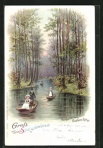Lithographie Burg / Spreewald, Waldpartie beim Forsthaus Eiche